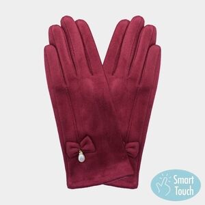 Burgundy Suede Dangle Pearl Bow Smart Touch Gloves Winter Statement Accessories